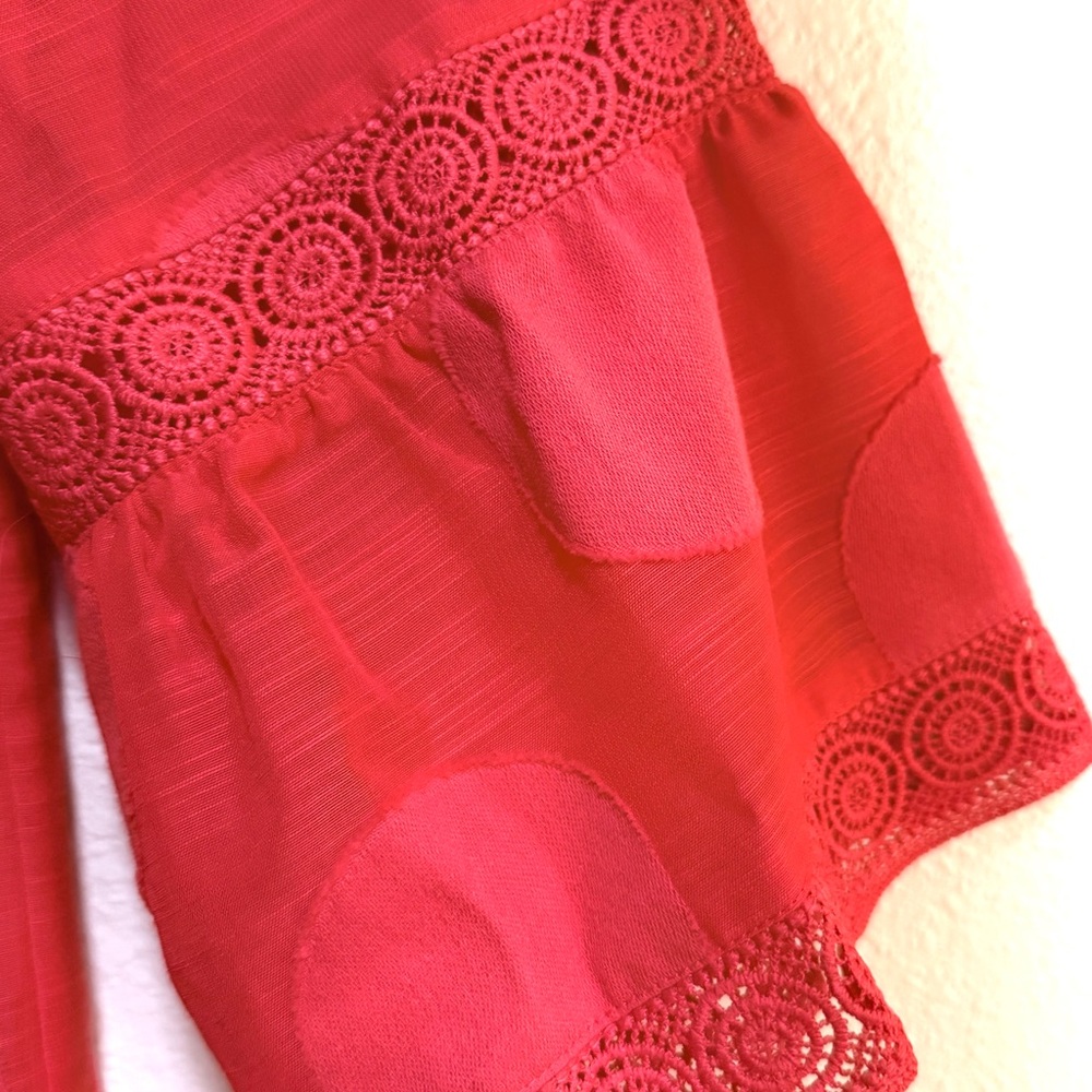 New Chico's Vibrant Orange Blouse with Large Textured Dots,lace trimmed,Office - Picture 4 of 9